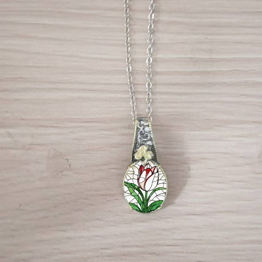 Stained Glass Tulip Oval Necklace