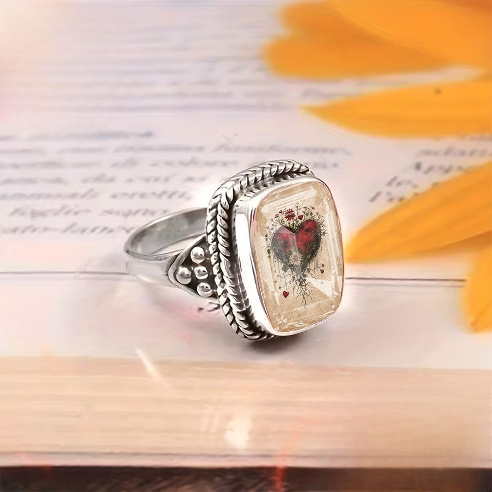 Vintage Heart & Vine Square Ring