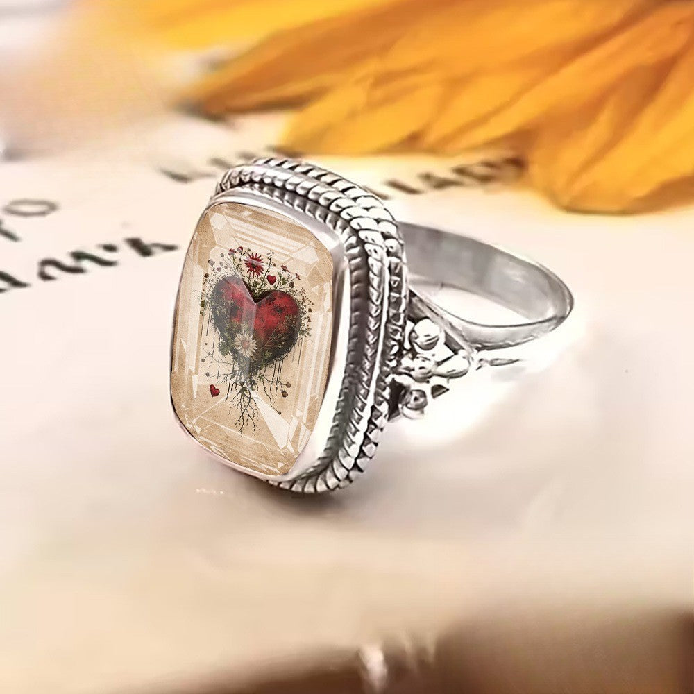 Vintage Heart & Vine Square Ring