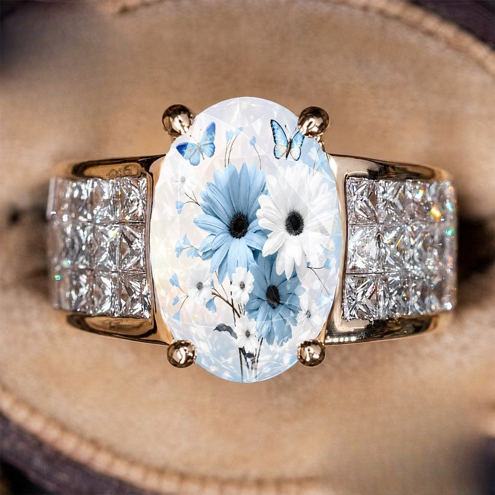 Blue Daisy & Butterfly Crystal Ring