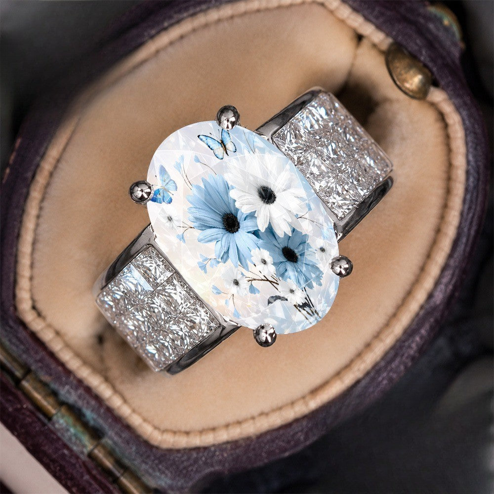 Blue Daisy & Butterfly Crystal Ring