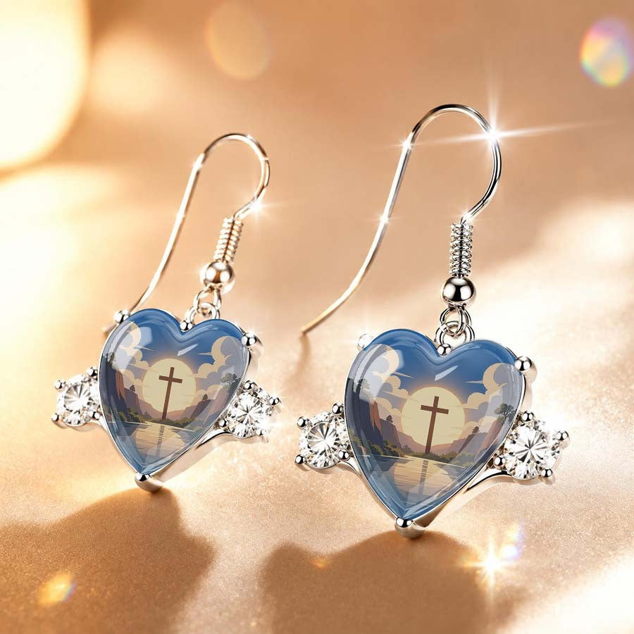 Blue Landscape Heart Dangle Earrings