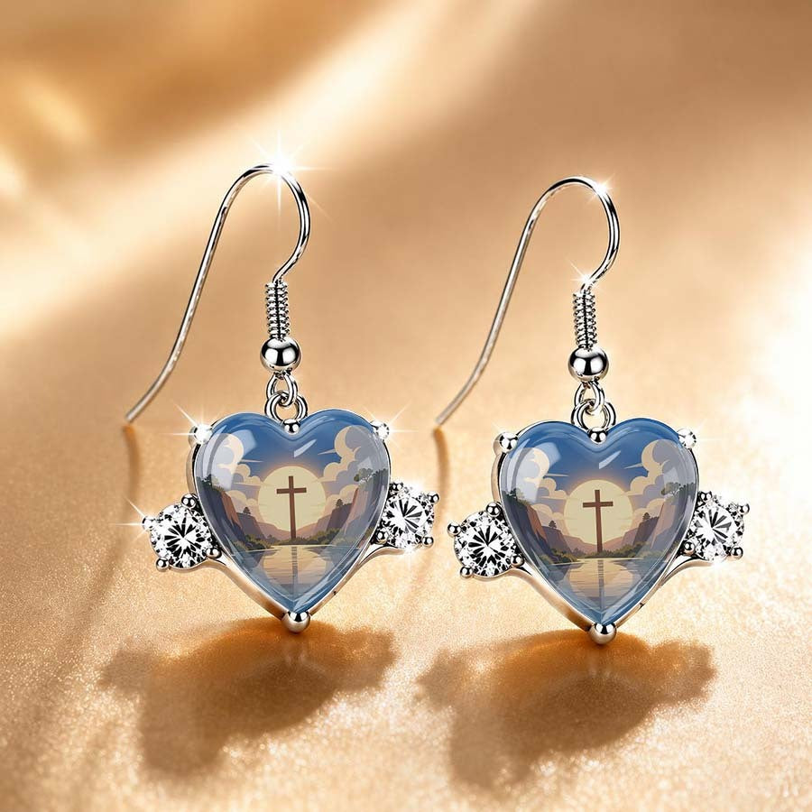 Blue Landscape Heart Dangle Earrings