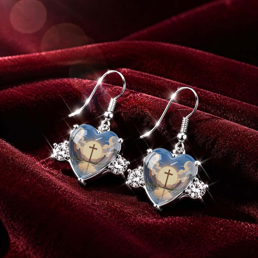 Blue Landscape Heart Dangle Earrings