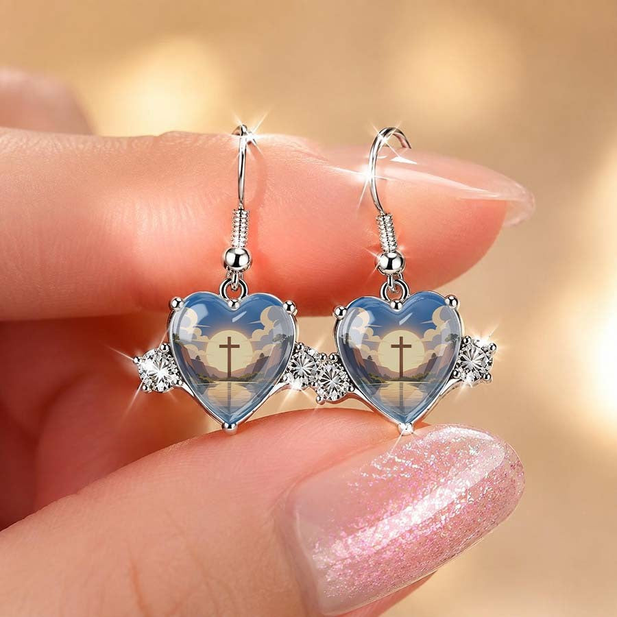 Blue Landscape Heart Dangle Earrings