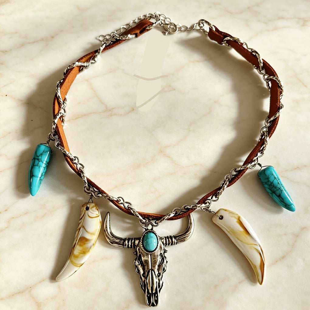 Bull Skull & Faux Horn Necklace