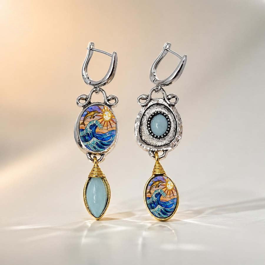Ocean Wave & Dolphin Asymmetrical Earrings