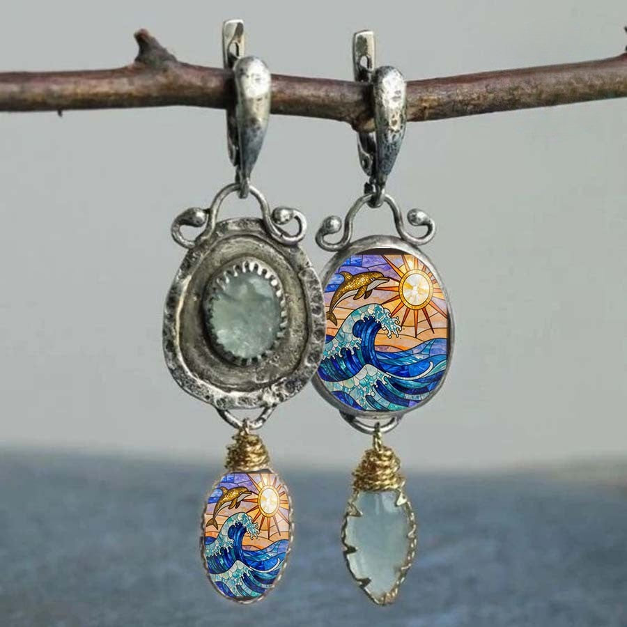 Ocean Wave & Dolphin Asymmetrical Earrings