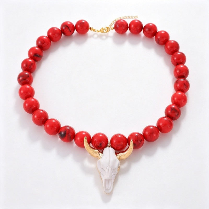 Teal Bull Skull Beaded Necklace