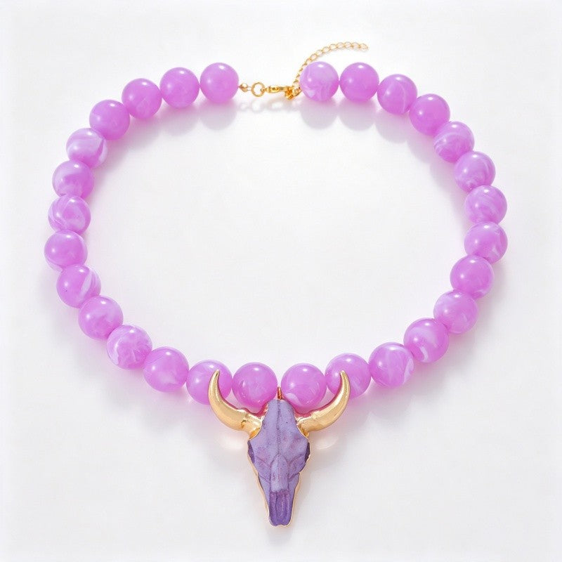 Teal Bull Skull Beaded Necklace