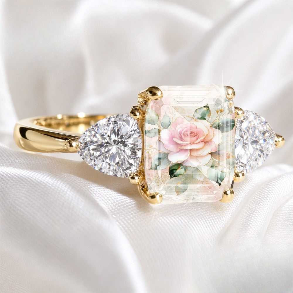 Pink Rose Three-Stone Rectangular Ring