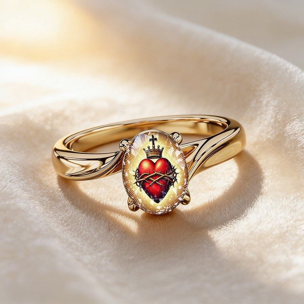 Sacred Heart & Crown Oval Ring
