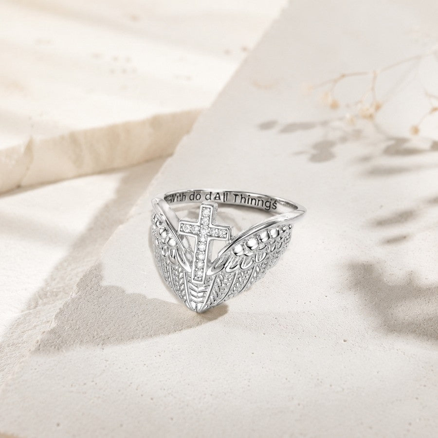 Winged Cross Scripture Ring