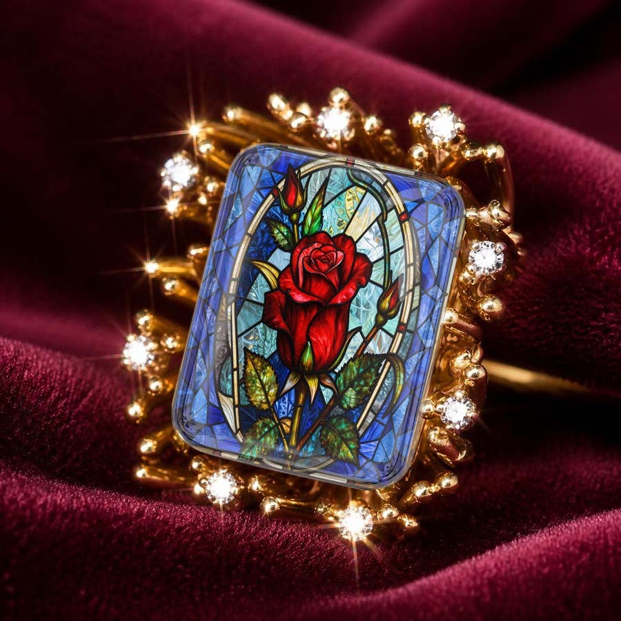 Red Rose Stained Glass Square Ring