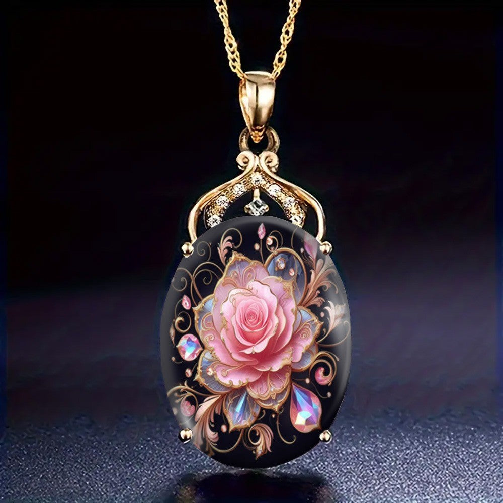 Pink Rose Crystal Oval Necklace