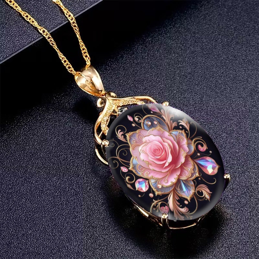 Pink Rose Crystal Oval Necklace
