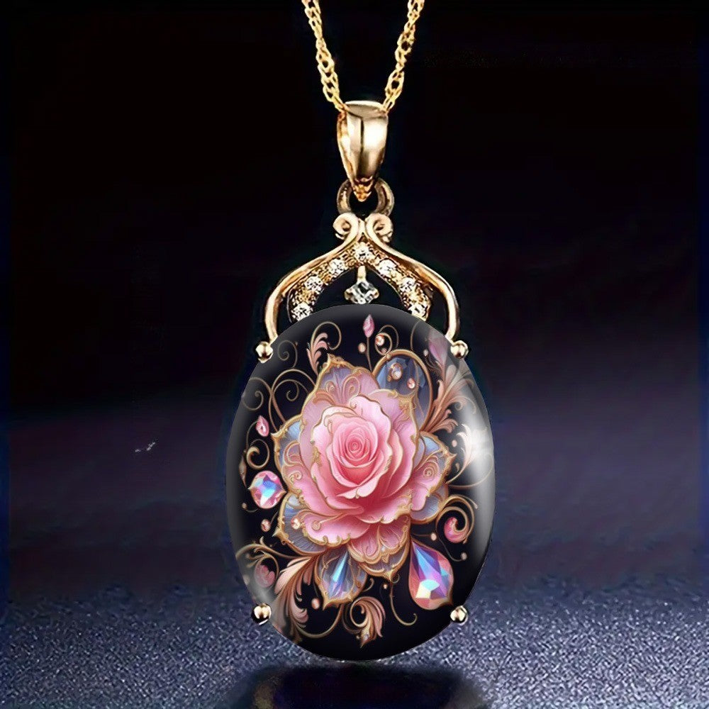 Pink Rose Crystal Oval Necklace