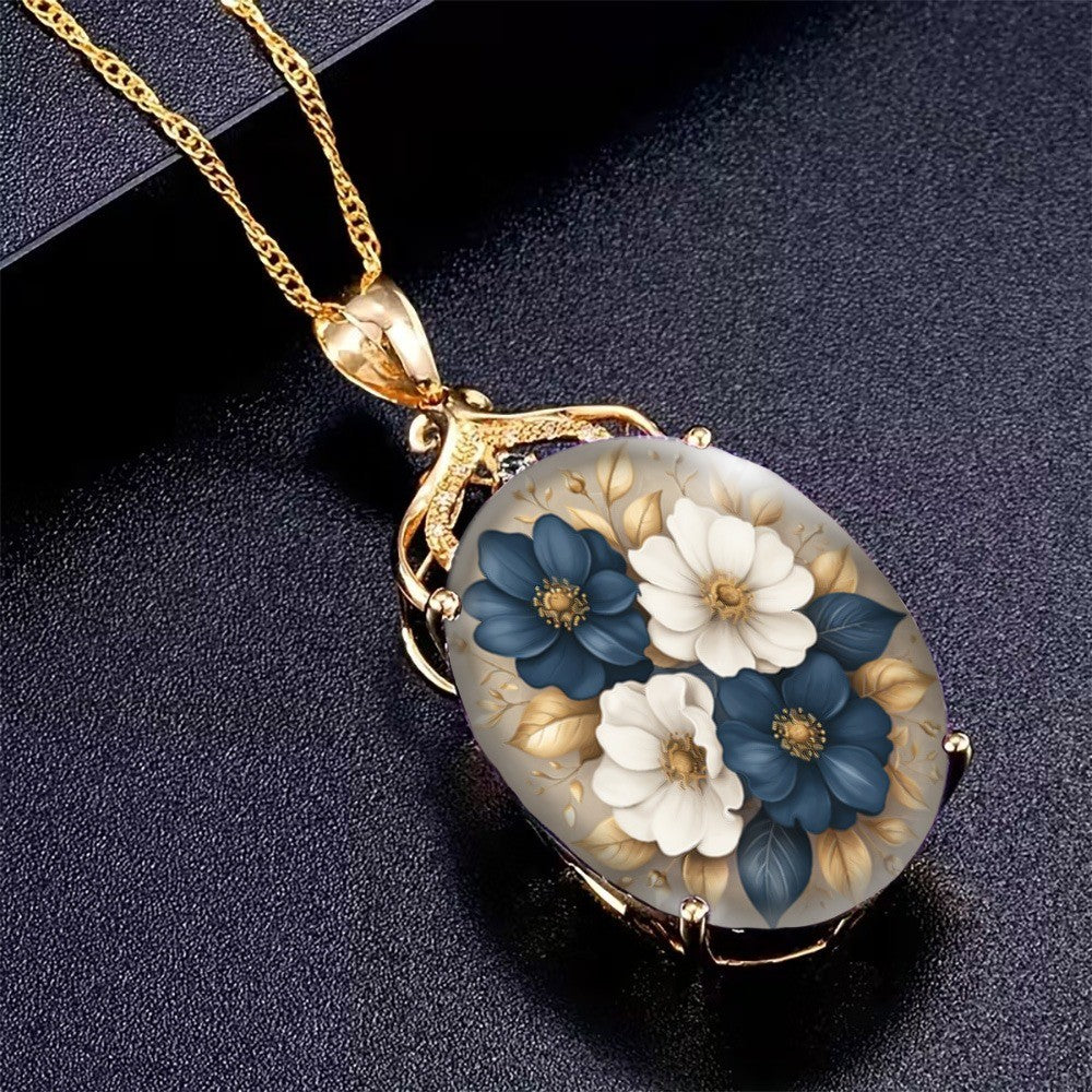 Blue & White Floral Oval Pendant Necklace