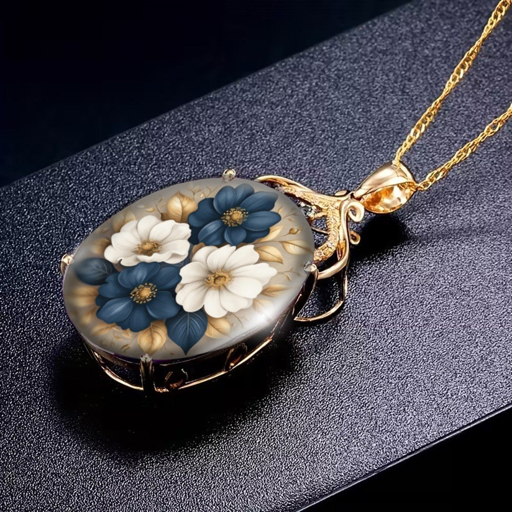 Blue & White Floral Oval Pendant Necklace