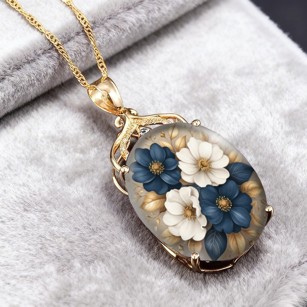 Blue & White Floral Oval Pendant Necklace