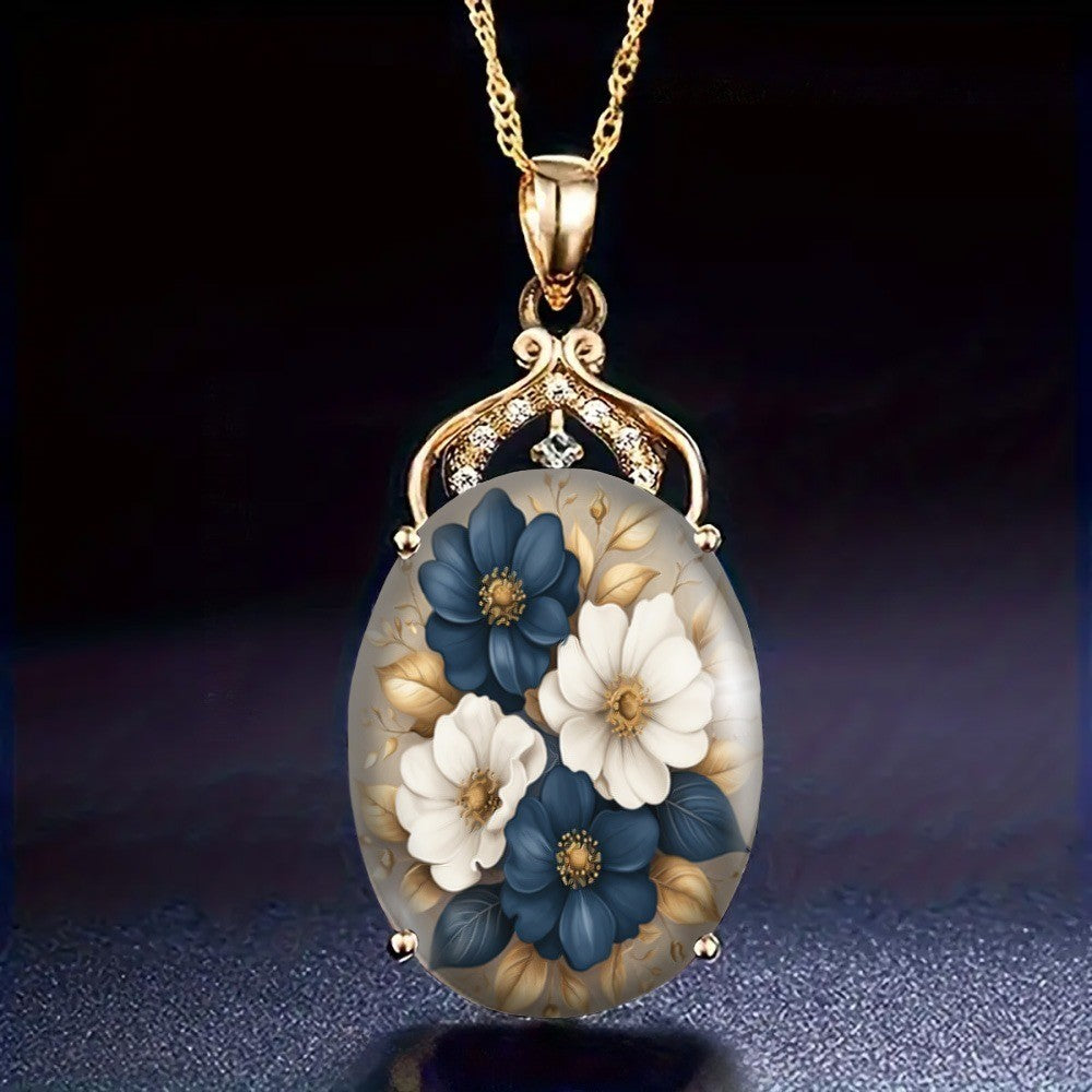 Blue & White Floral Oval Pendant Necklace