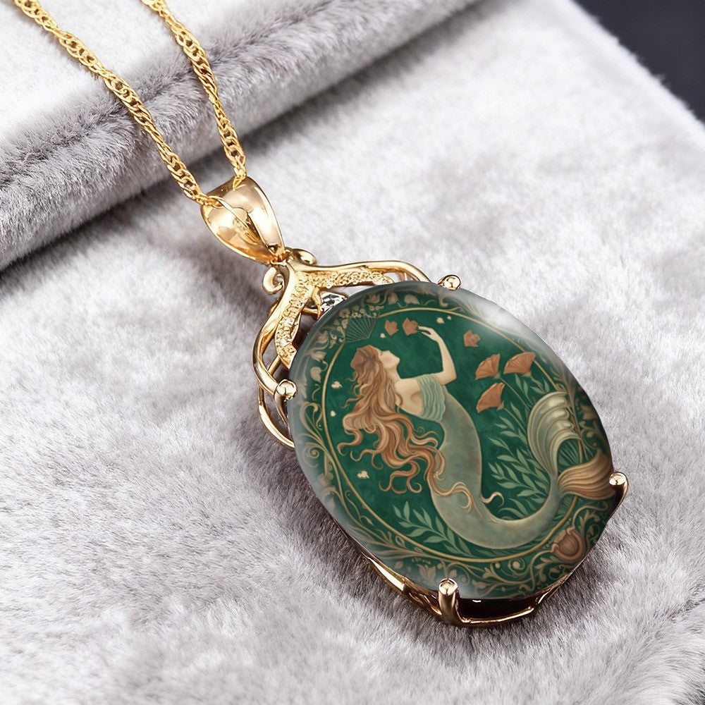 Green Mermaid Oval Pendant Necklace