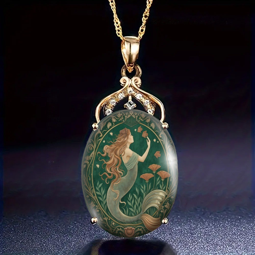 Green Mermaid Oval Pendant Necklace