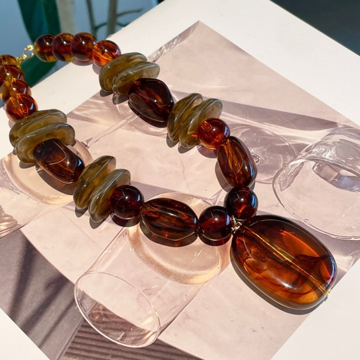 Amber Tonal Oval Pendant Necklace