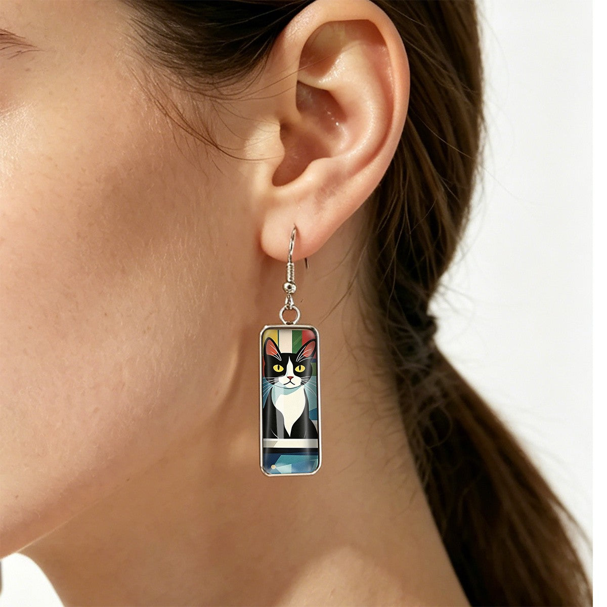 Colorful Striped Cat Rectangle Earrings