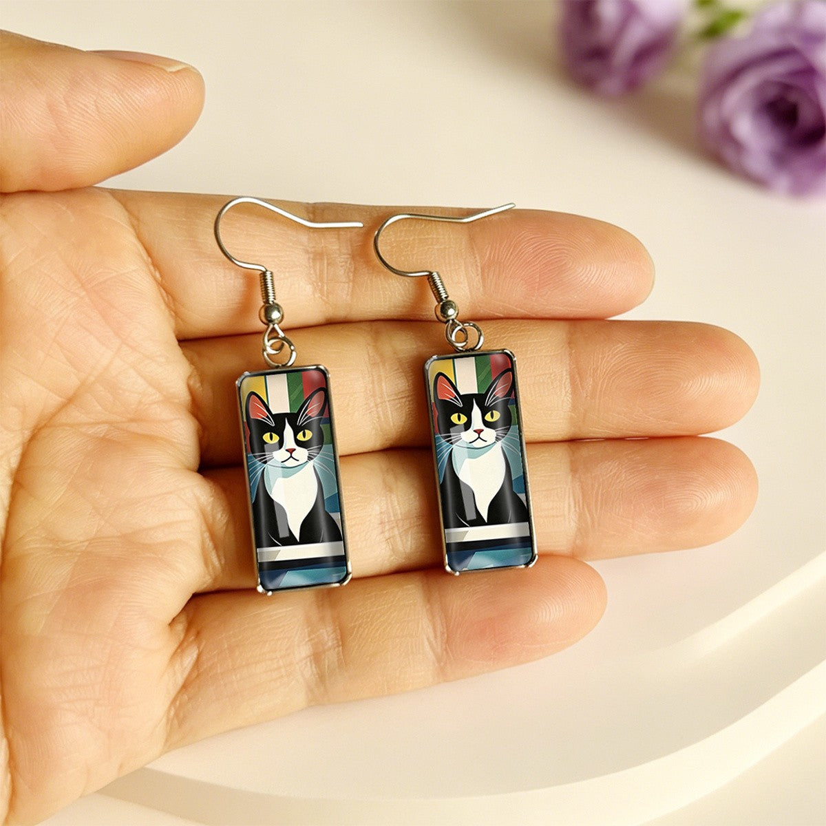 Colorful Striped Cat Rectangle Earrings