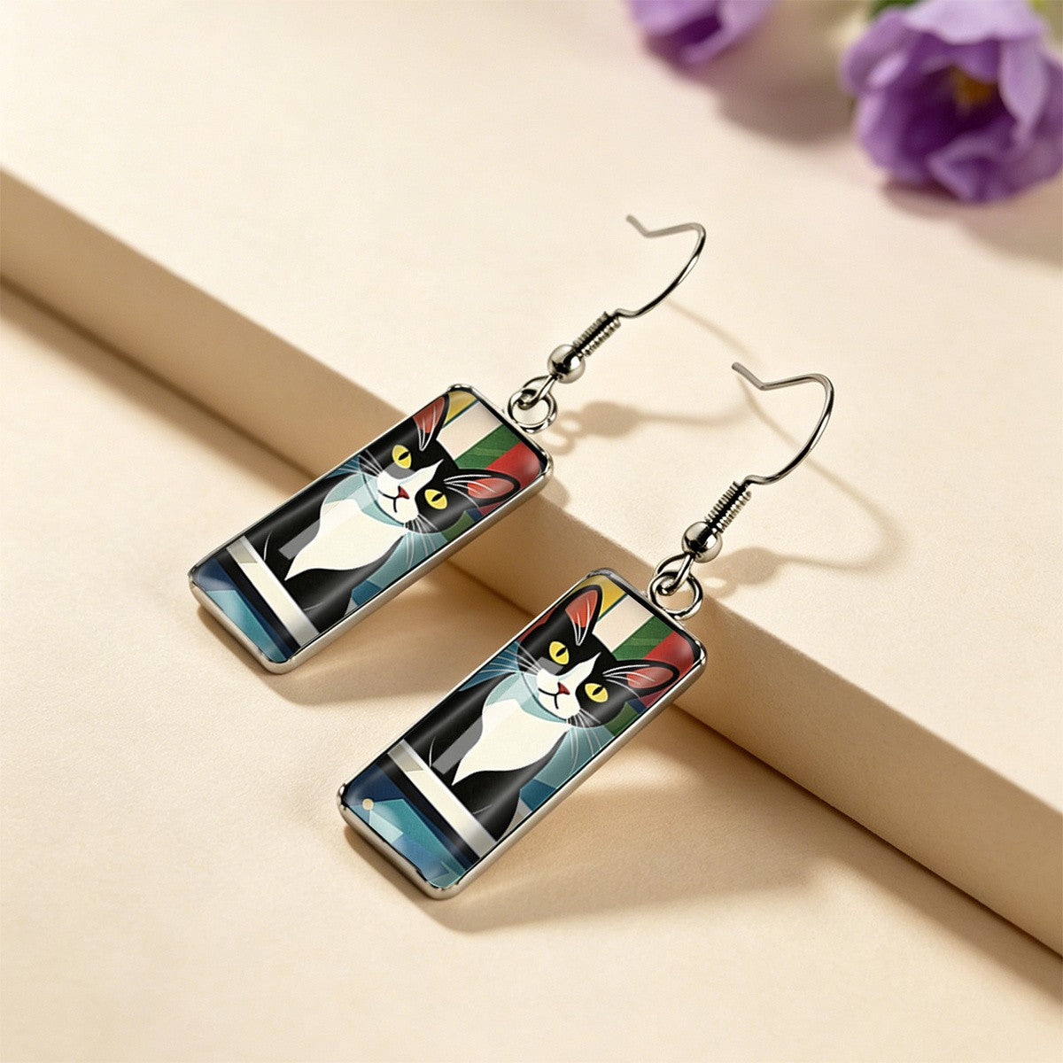 Colorful Striped Cat Rectangle Earrings