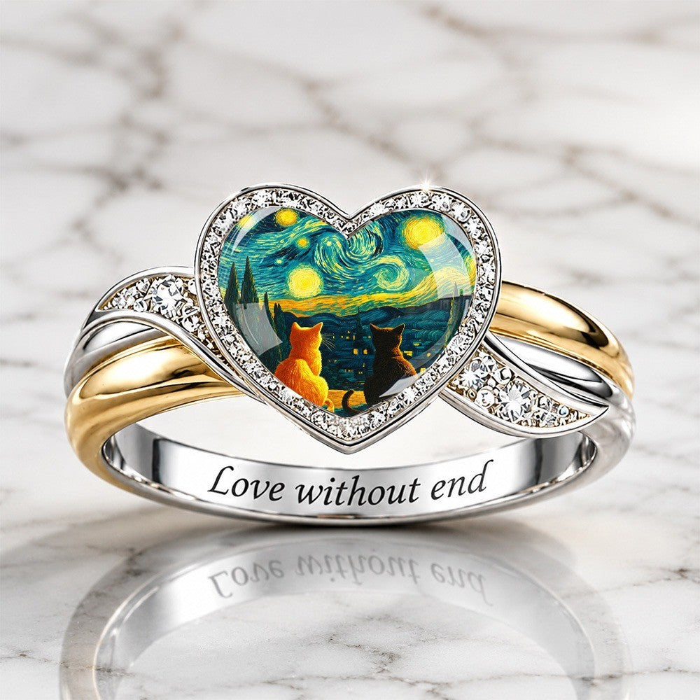 White Starry Night Cat Heart Ring
