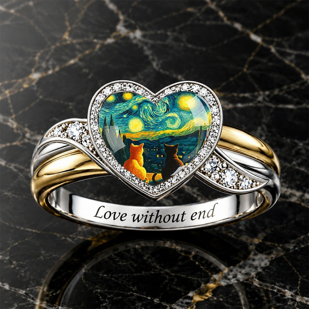 White Starry Night Cat Heart Ring