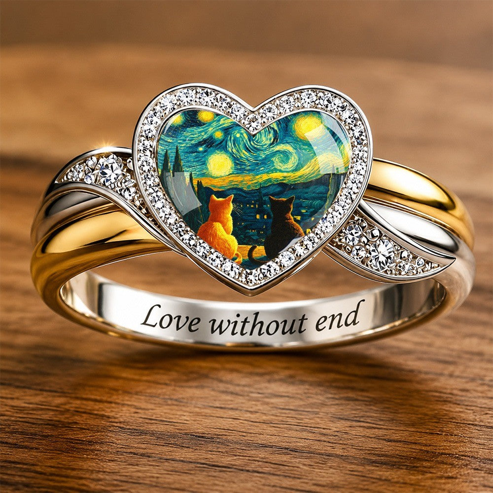 White Starry Night Cat Heart Ring