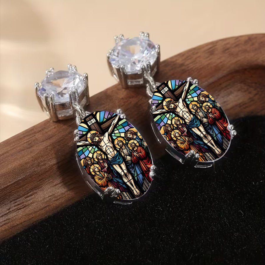 Stained Glass Crucifix Drop Earrings