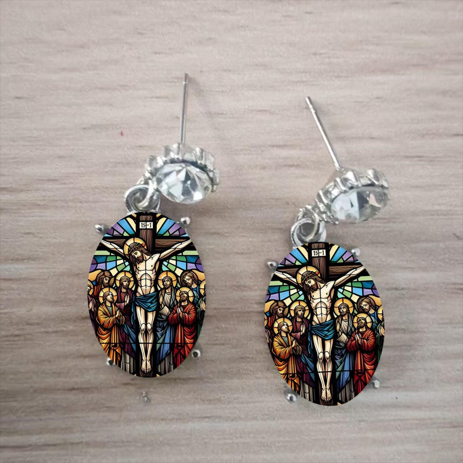Stained Glass Crucifix Drop Earrings