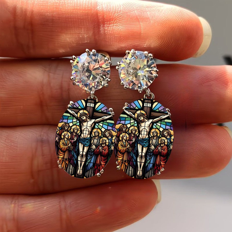 Stained Glass Crucifix Drop Earrings