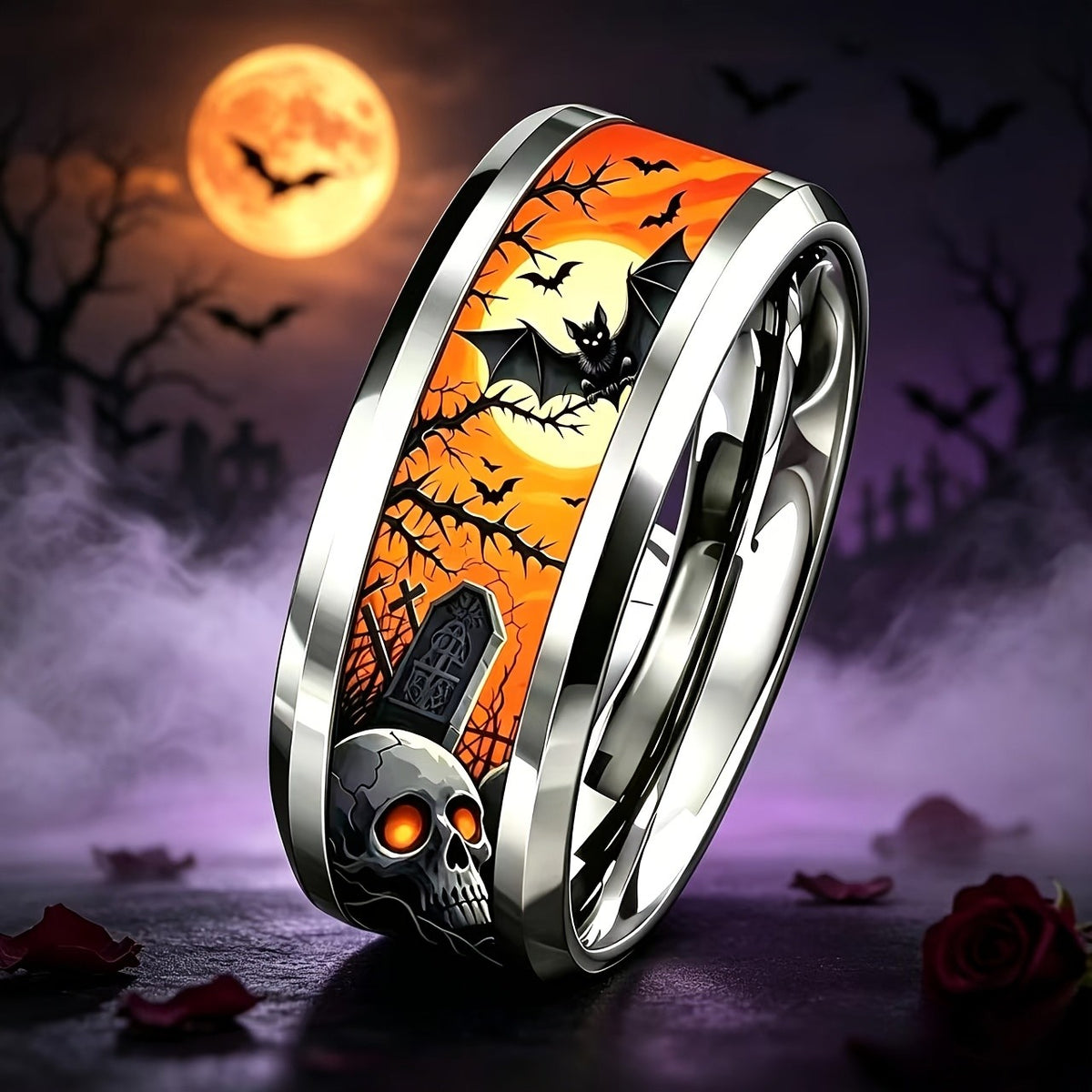 Gothic Skull & Bat Ring