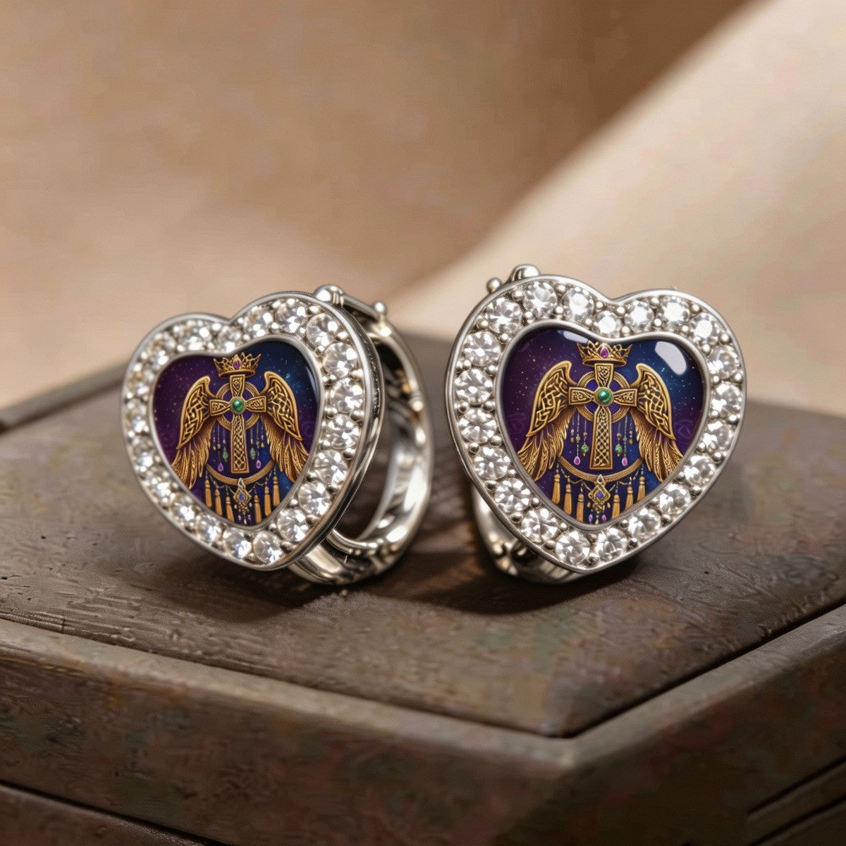 Winged Cross Heart Huggie Earrings
