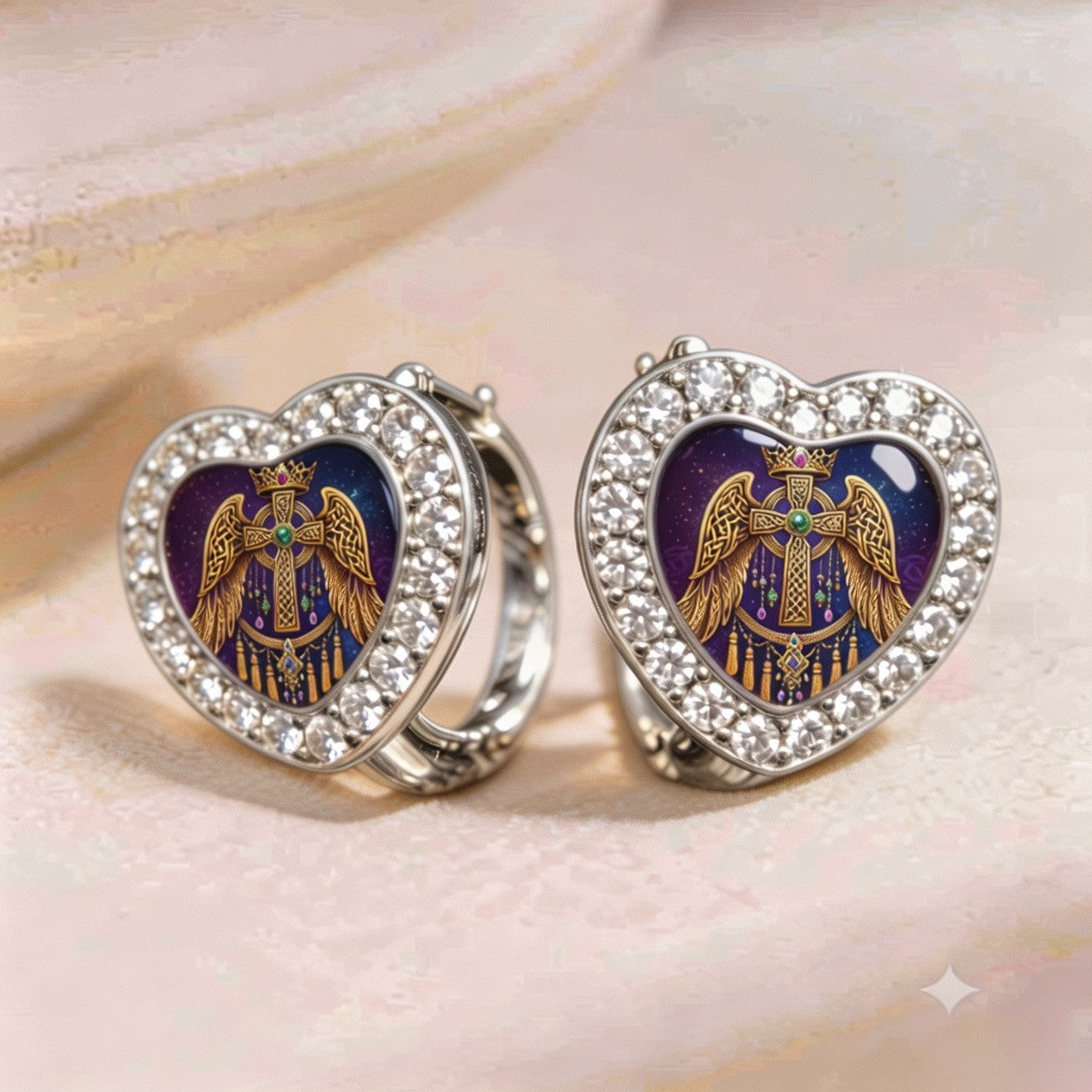 Winged Cross Heart Huggie Earrings