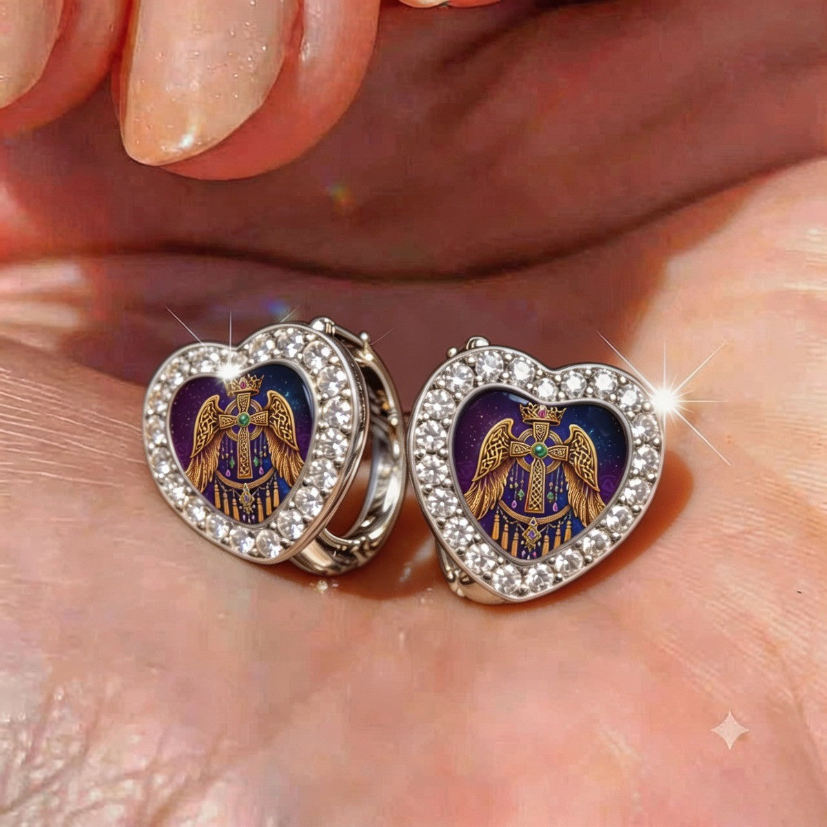 Winged Cross Heart Huggie Earrings