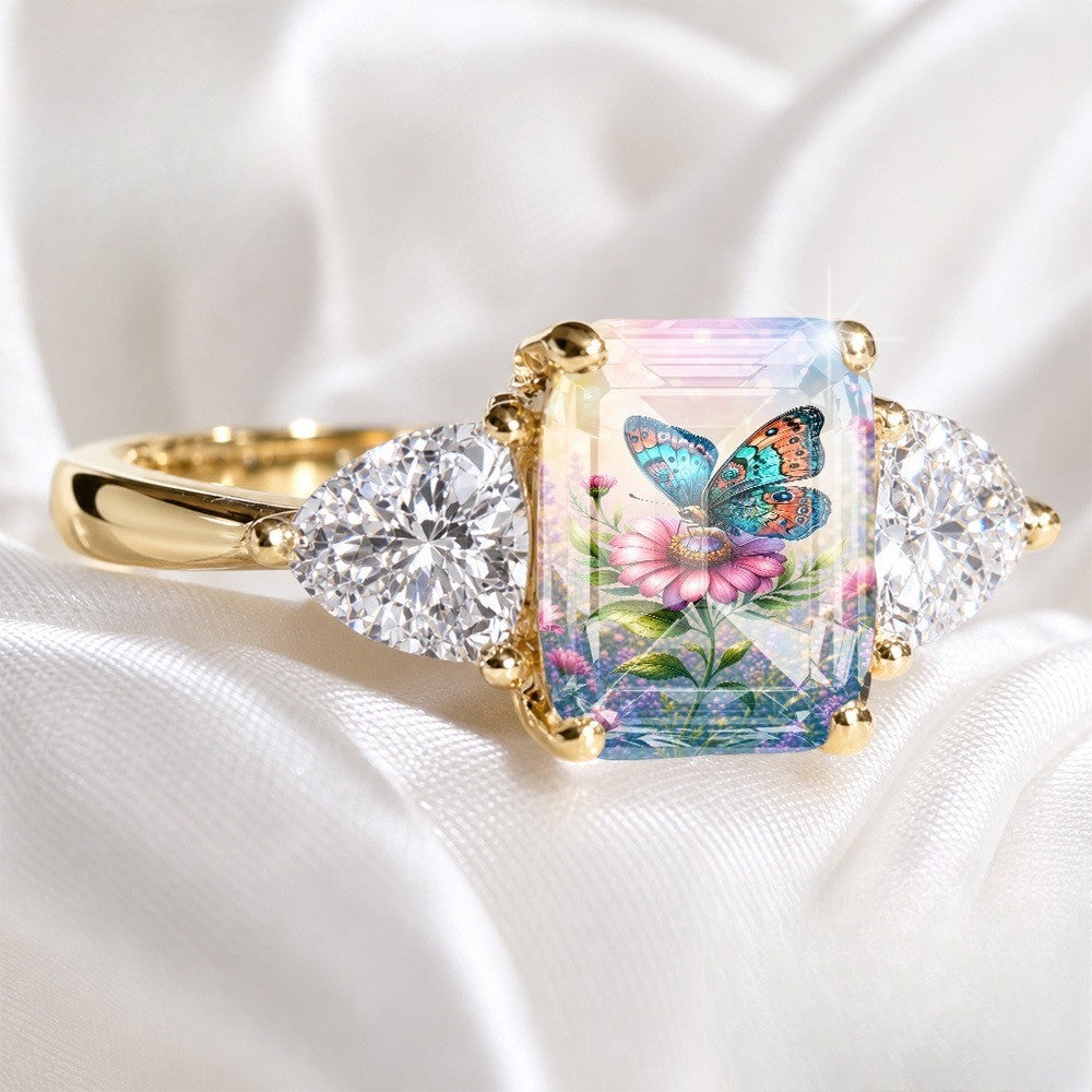 Butterfly & Pink Flower Square Ring