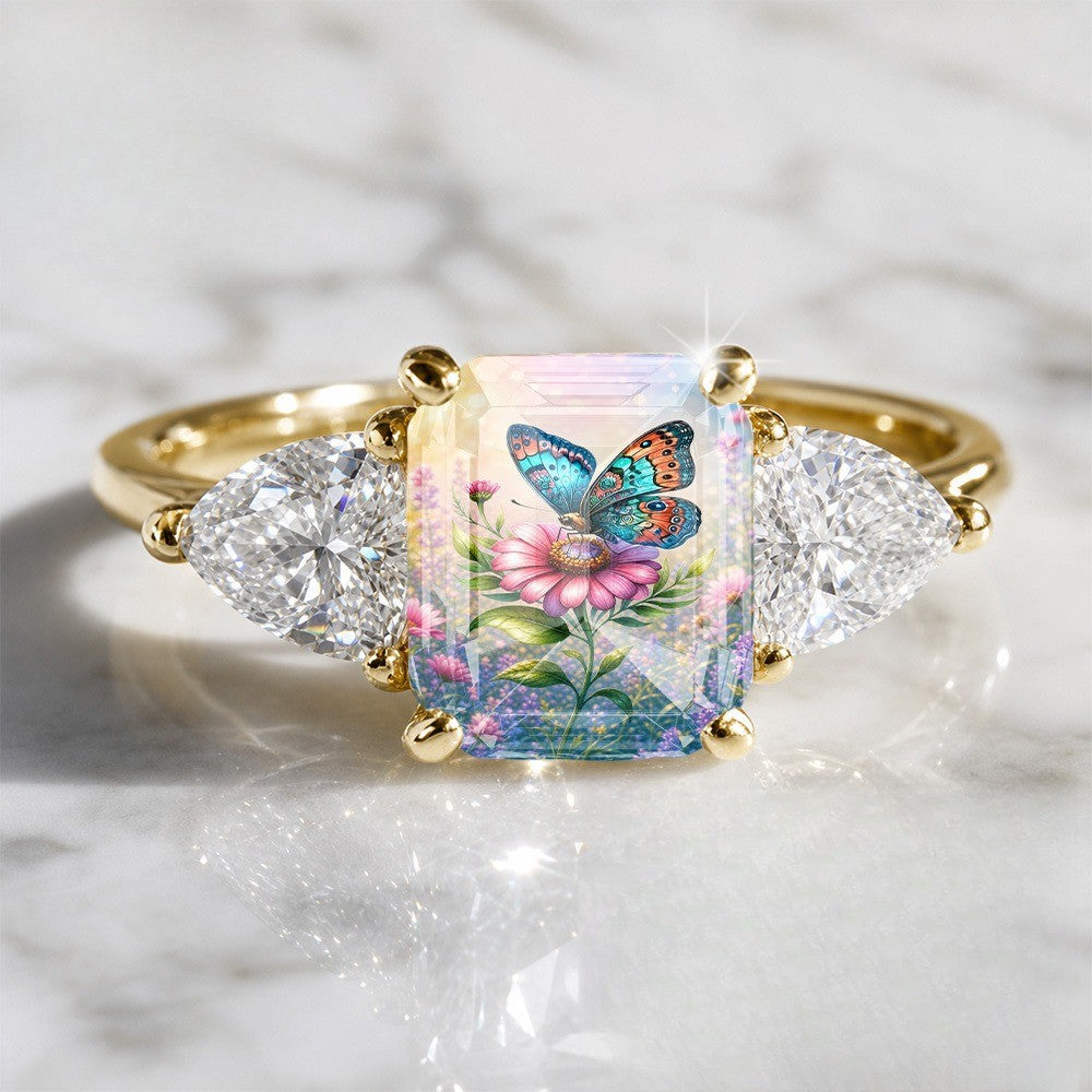 Butterfly & Pink Flower Square Ring