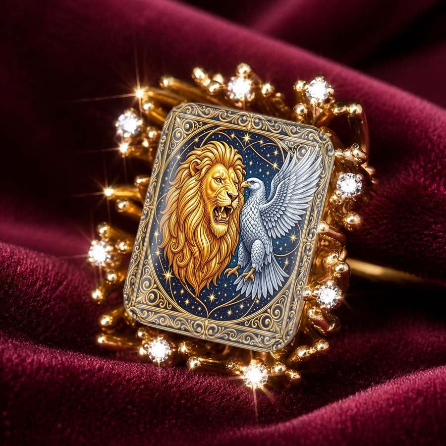 Lion & Eagle Enamel Square Ring