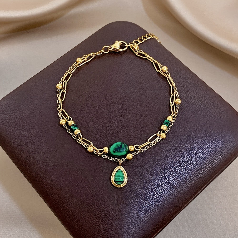 Green Stone Figaro Link Bracelet