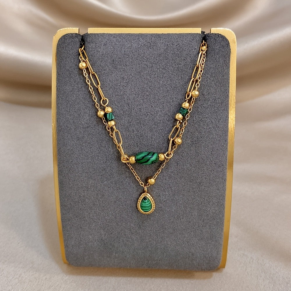 Green Stone Figaro Link Bracelet