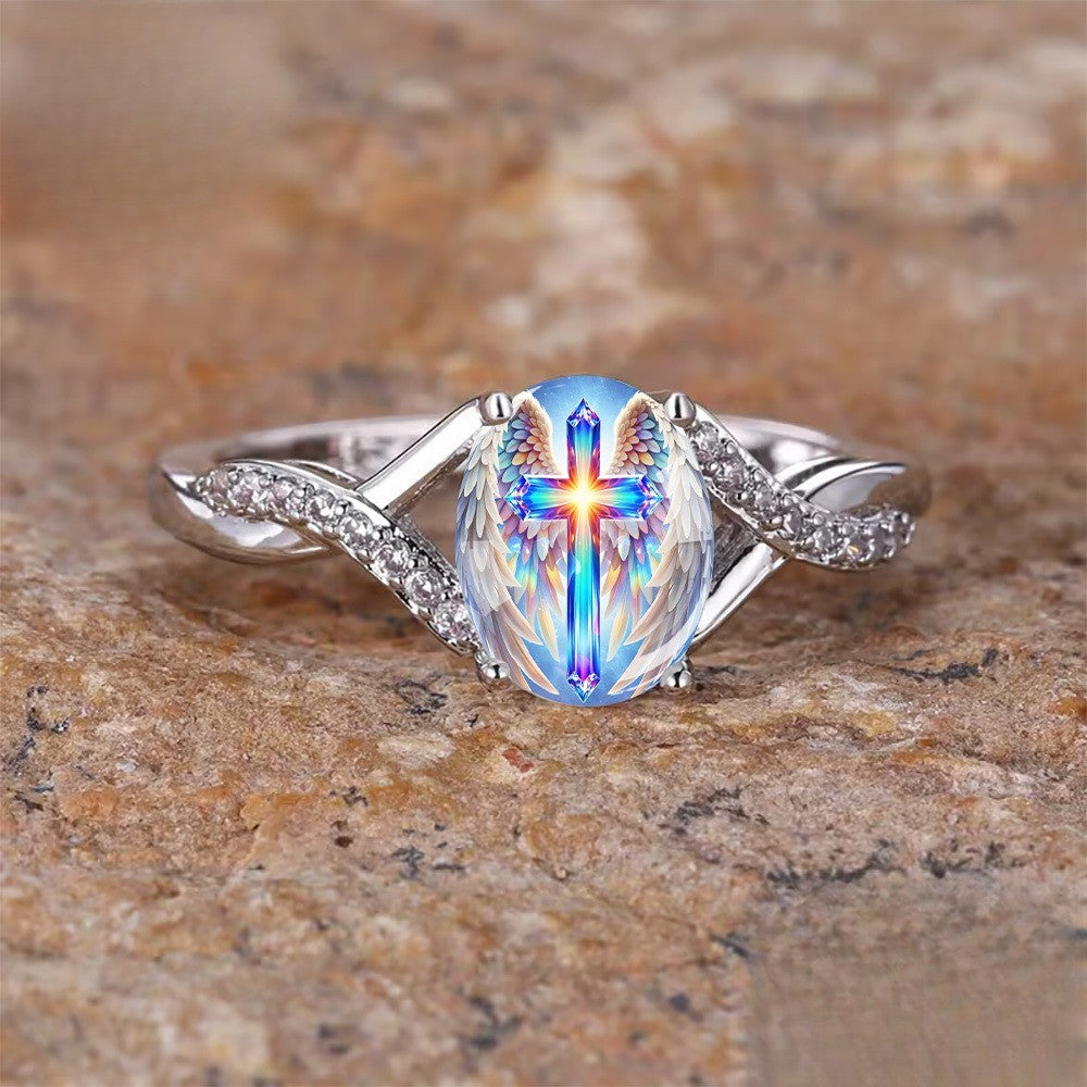 Winged Cross Twisted Band Ring