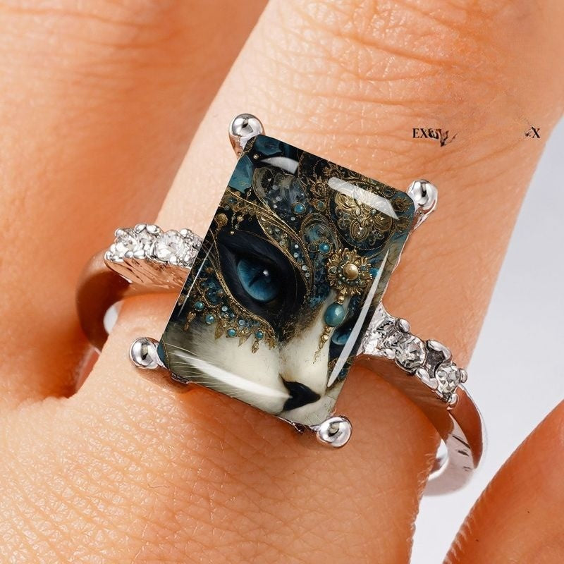 Ornate Blue Cat Eye Rectangular Ring