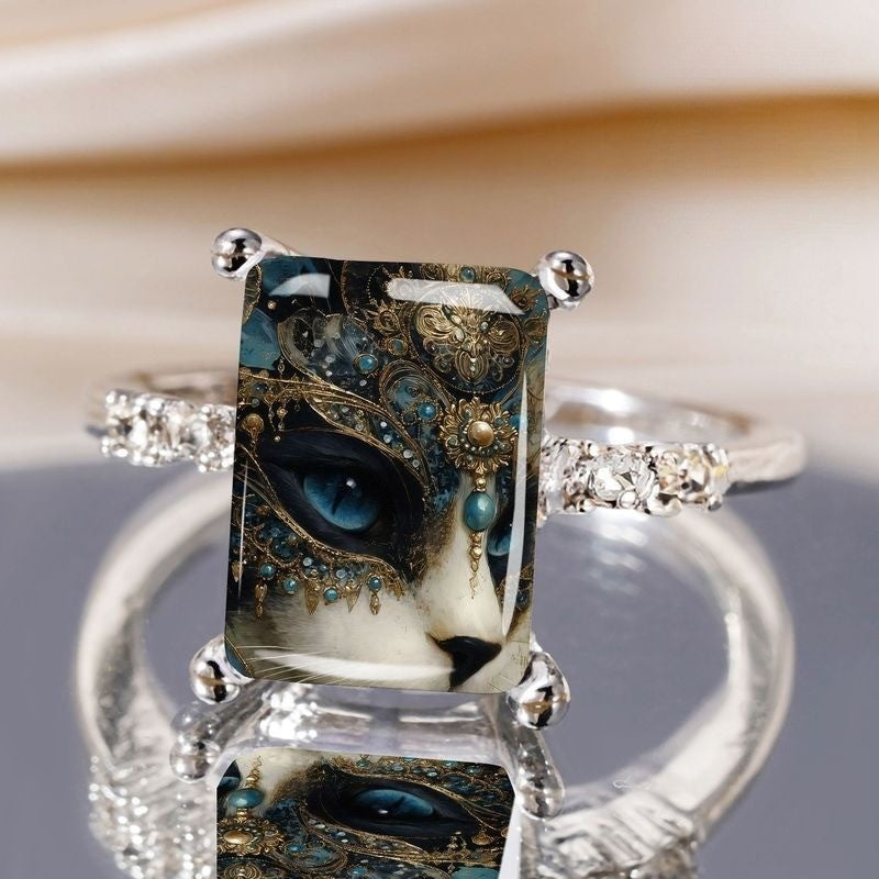 Ornate Blue Cat Eye Rectangular Ring