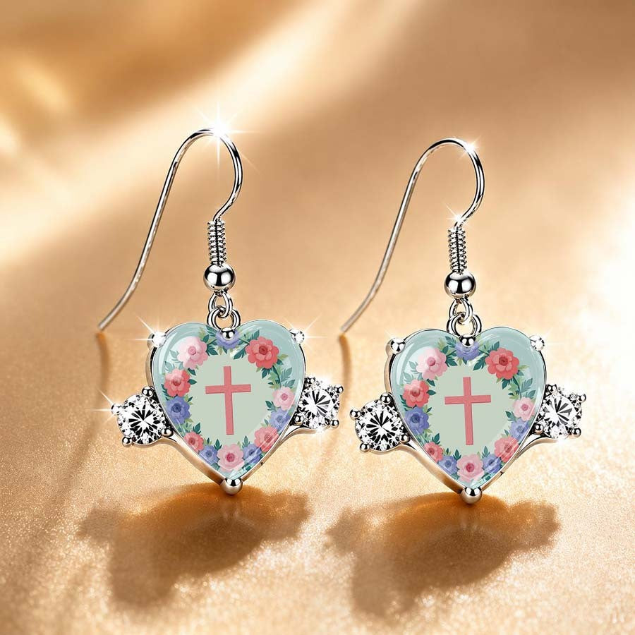 Floral Cross Heart Drop Earrings